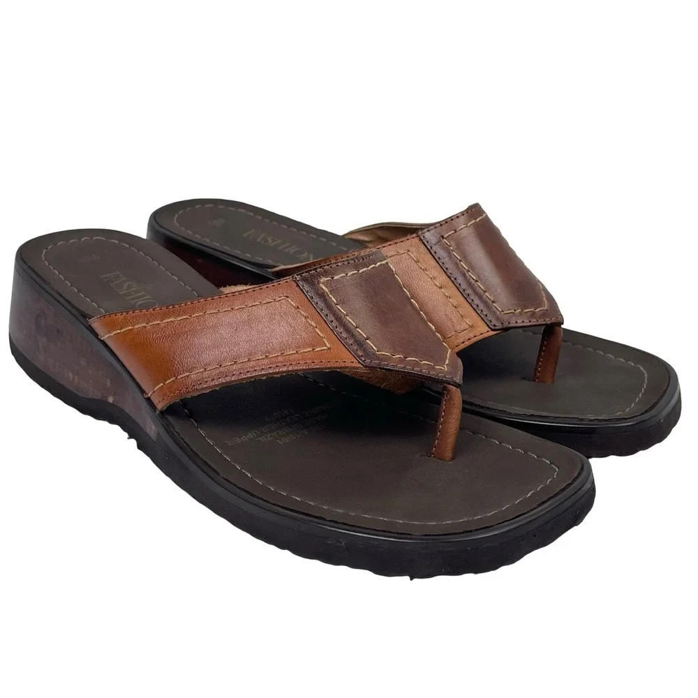 Vintage Fashion Bug Thong Sandals Womens 9M Brown Patchwork Leather Platform Y2K